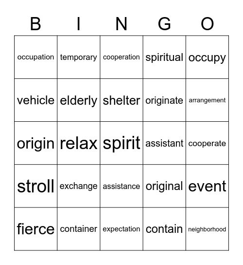 B2U8 Vocabulary Bingo Card