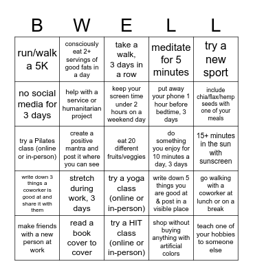 Wellness Bingo Card