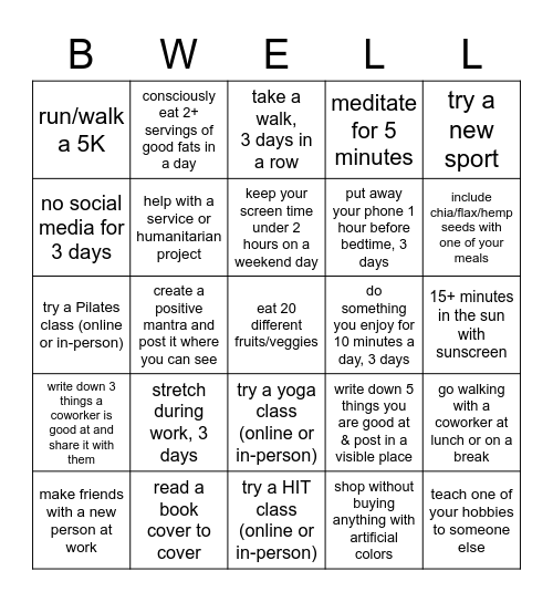 Wellness Bingo Card