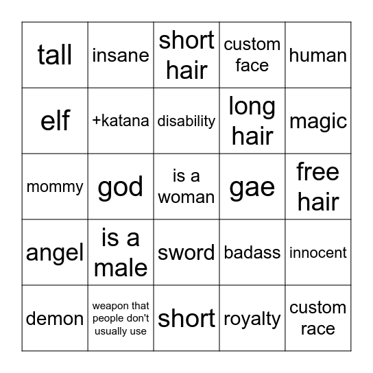 Kl2 Character Bingo Card