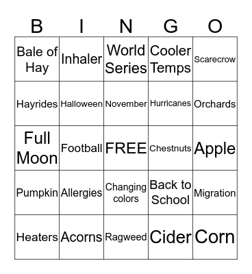*~Fall Bingo ~*  Bingo Card