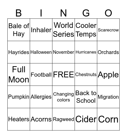 *~Fall Bingo ~*  Bingo Card