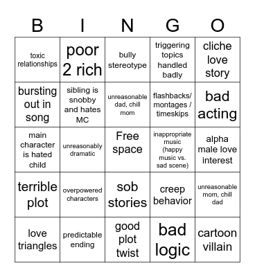 Cringey gacha videos / or movies Bingo Card