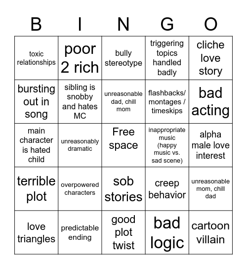 Cringey gacha videos / or movies Bingo Card