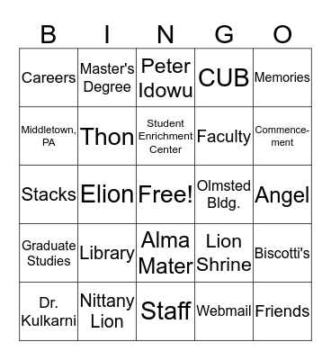 Penn State Harrisburg Graduate Bingo Card