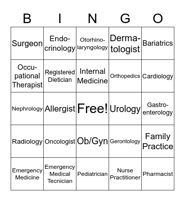 Medical professionals Bingo Card