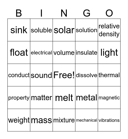 Matter and Energy Bingo Card