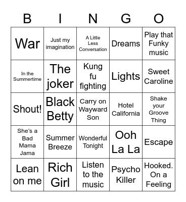 70s Hits Bingo Card