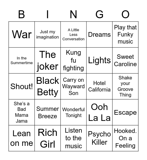 70s Hits Bingo Card