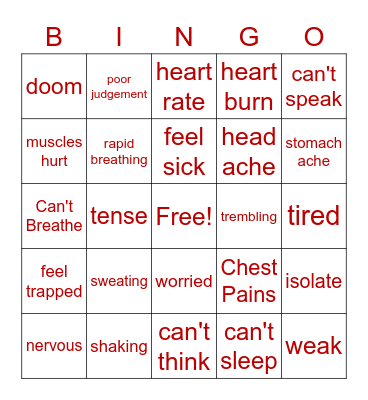 Stress and Anxiety Bingo Card