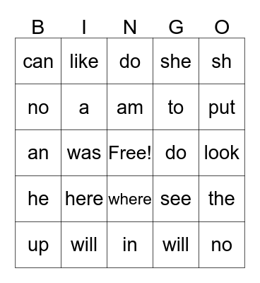 Kindergarten Sight Words Bingo Card