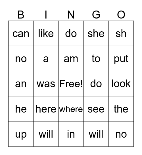 Kindergarten Sight Words Bingo Card