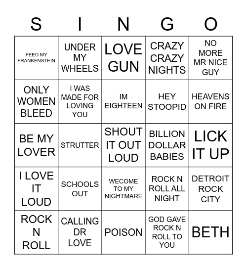 752 ALICE COOPER VS KISS Bingo Card