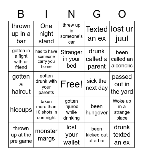 drunk bingo Card