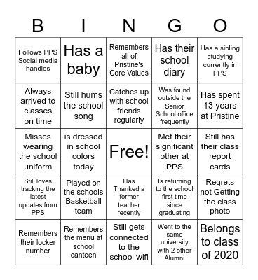 Pristine Alumni Bingo Card