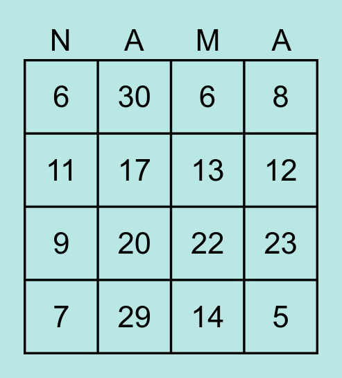 Nama nama! Bingo Card