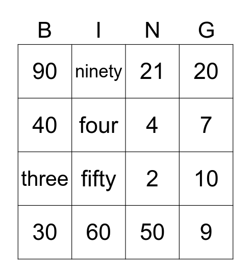Numbers 20 - 100 Bingo Card