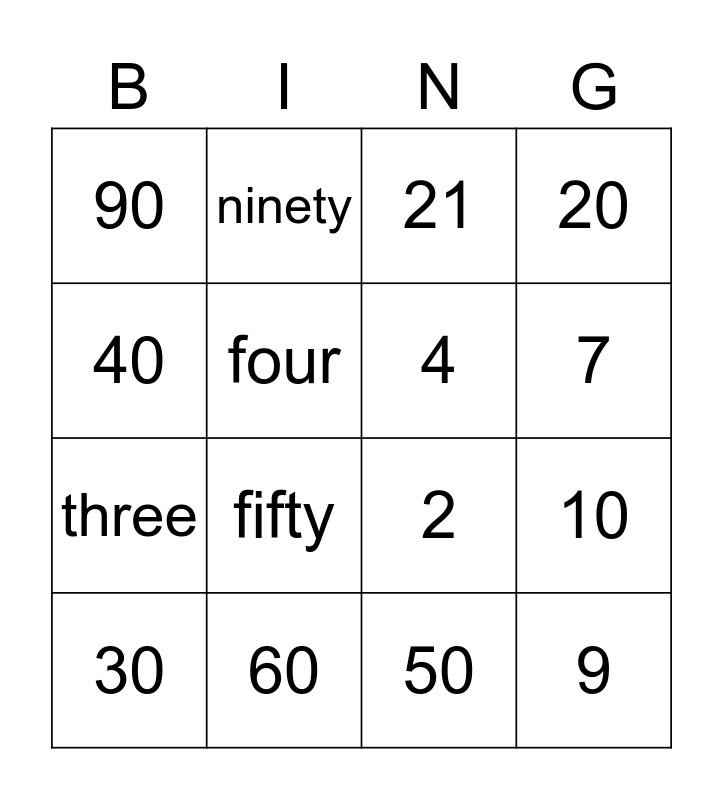 Numbers 20 100 Bingo Card