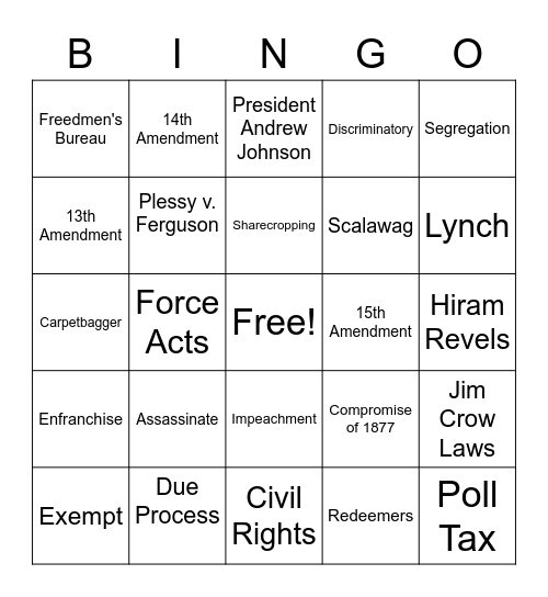 RECONSTRUCTION (1865-1877) Bingo Card