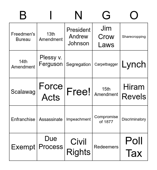 RECONSTRUCTION (1865-1877) Bingo Card