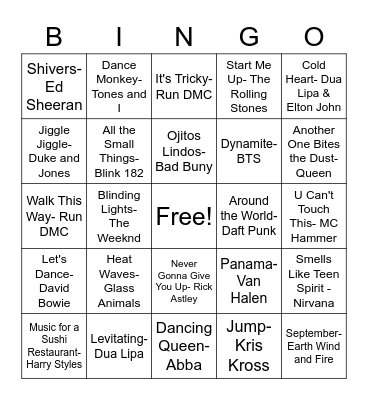 End of Year Song Bingo Card