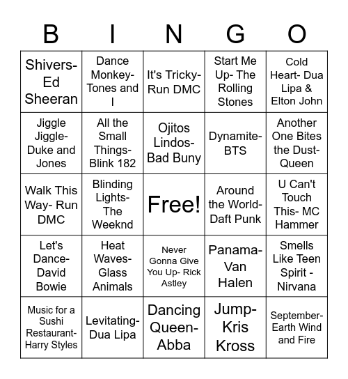 End of Year Song Bingo Card