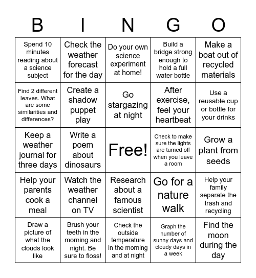 Summer Science Bingo Card