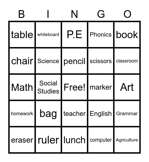 School Bingo Card