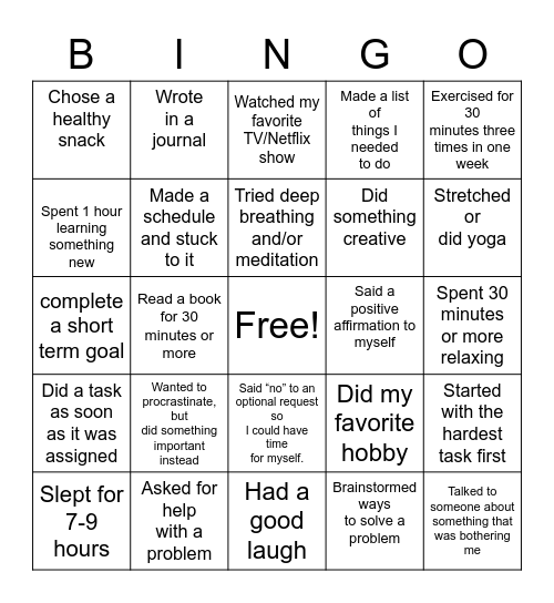 Stress Bingo Card