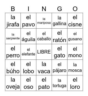 Animales Bingo Card