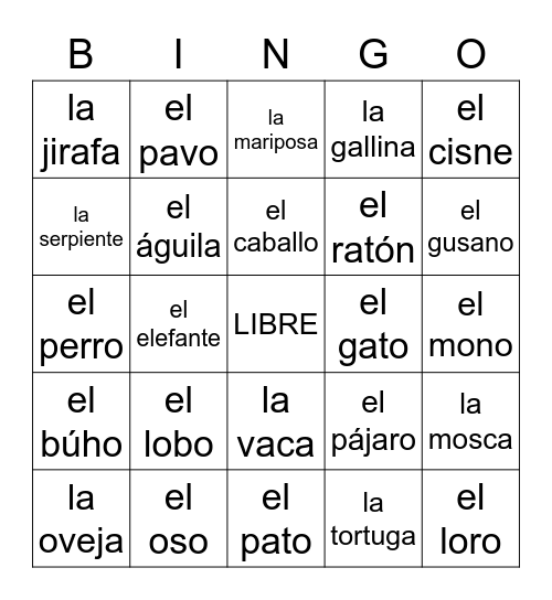 Animales Bingo Card
