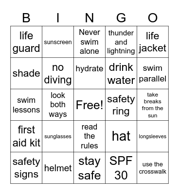 Summer Safety Bingo Card