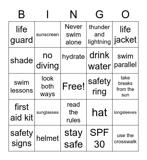 Summer Safety Bingo Card