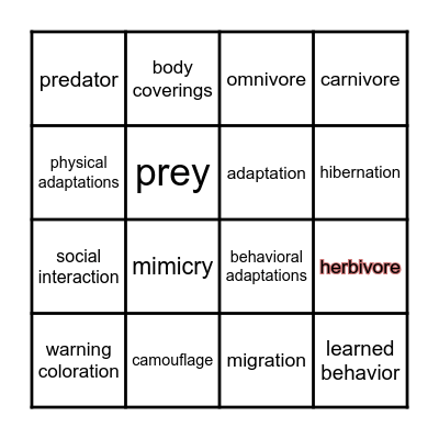 Animal Adaptation Bingo Card