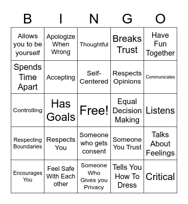 Healthy Relationship Bingo Card