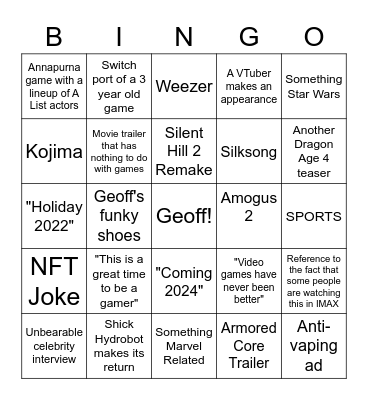 Geolly Geoffs Summer Games Slames Bingo Card