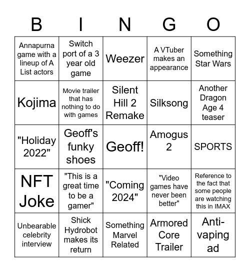 Geolly Geoffs Summer Games Slames Bingo Card