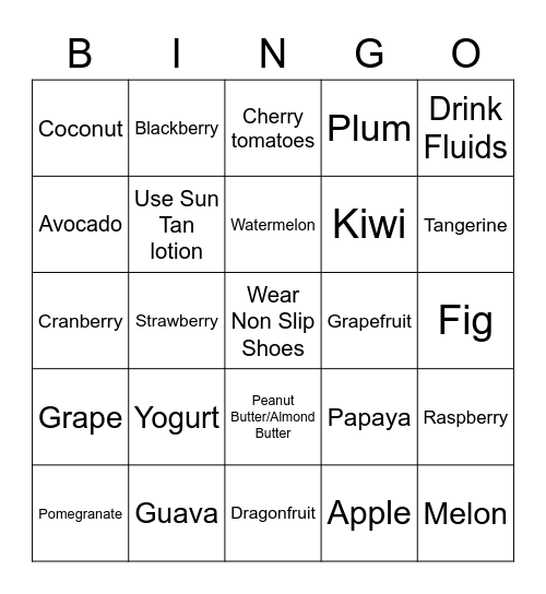 Healthy Summer Snacks and outdoor Safety! Bingo Card