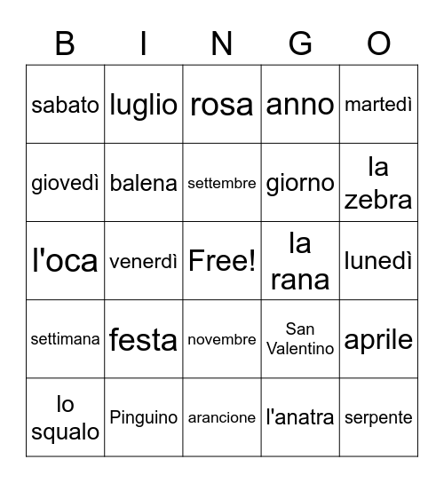 Day, months, animales Bingo Card