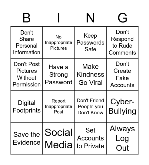 Internet Safety Bingo Card