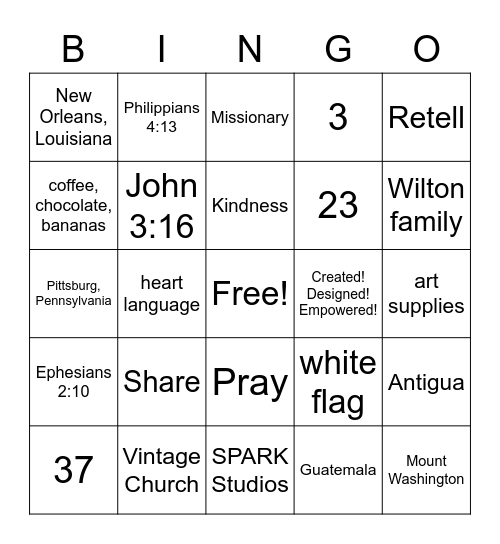 Youth SPARK Bingo Card