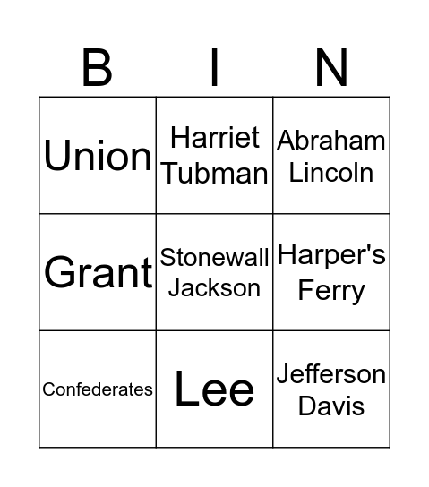 Civil War Bingo Card