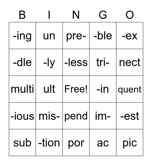 Syllables Bingo Card