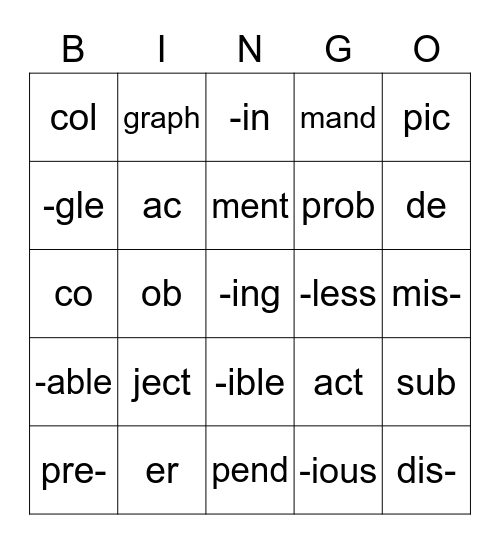 Syllables Bingo Card