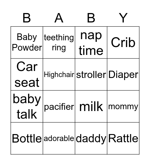 Daniella's Baby Shower 2015 Bingo Card