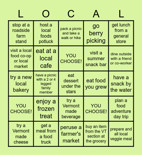 Choose 5, EAT LOCAL ! Bingo Card