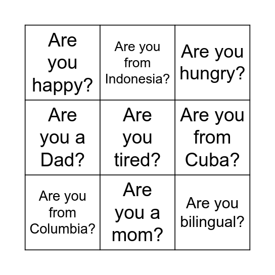 Yes or No Questions Bingo Card