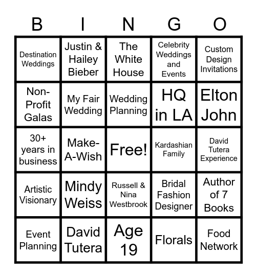 Mindy Weiss & David Tutera Bingo Card