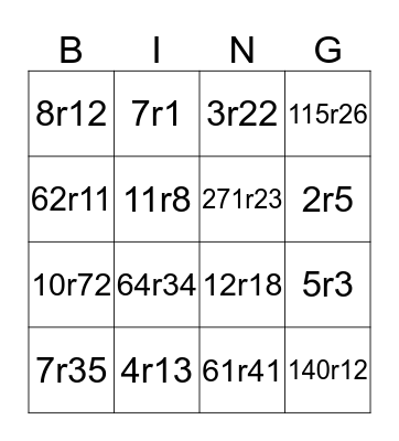 Whole Number Division Bingo Card