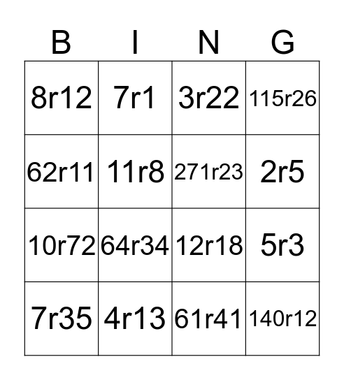 Whole Number Division Bingo Card